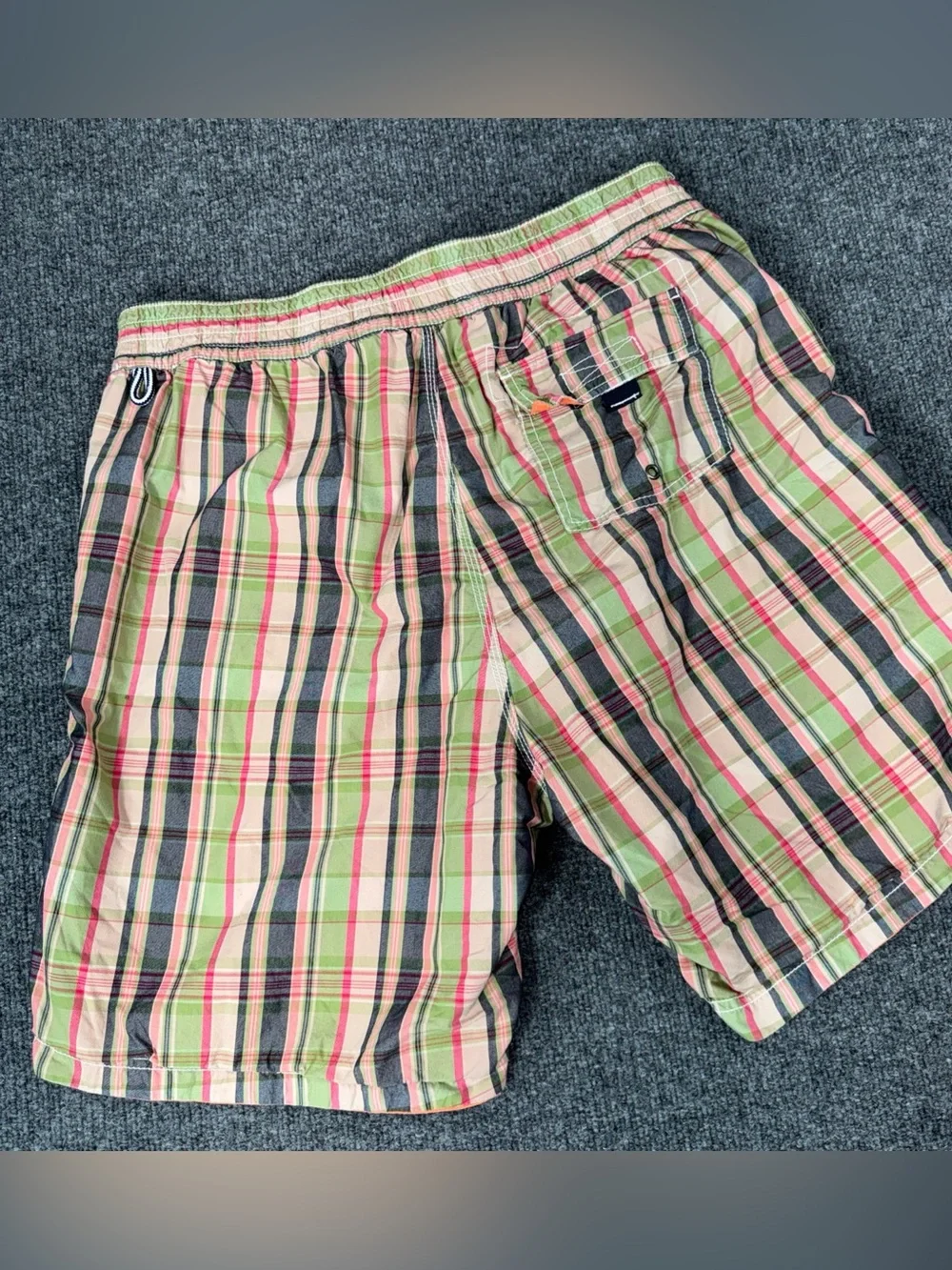 Tailor Vintage Mens Swim Trunks Medium Reversible Orange Green Plaid Drawstring